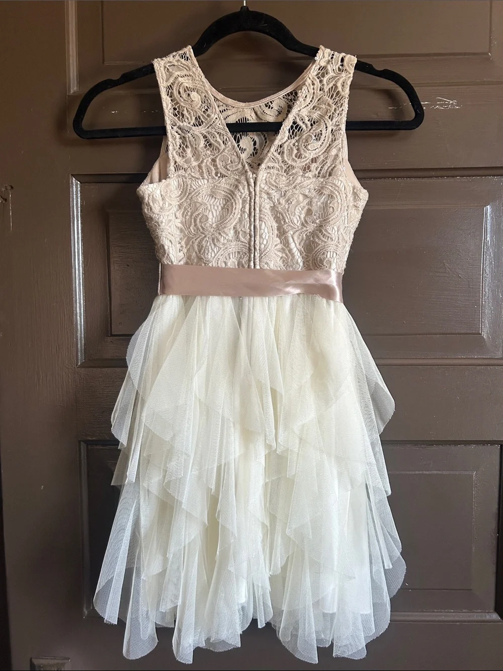 Rare Editions Lace Bodice Tulle Party Dress in Cream and Blush; girls 10